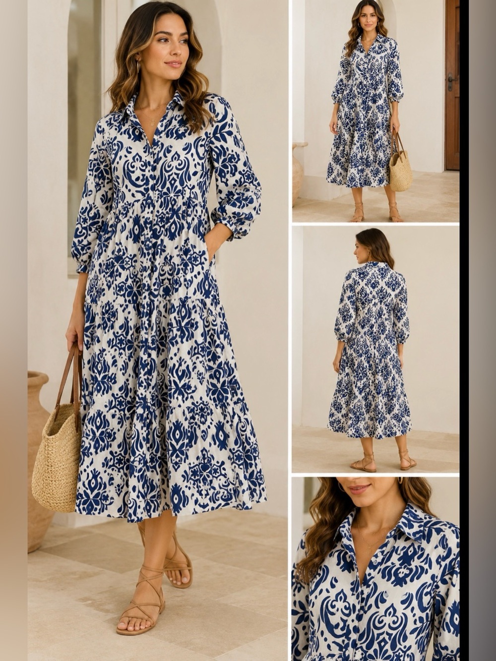 Zara Blue & White Printed Cotton Tiered Shirt Dress XS